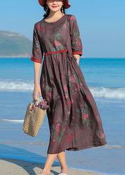 Fitted Chocolate O-Neck Tie Waist Patchwork Print Linen Dress Half Sleeve