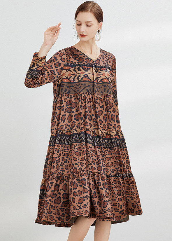 Fitted Chocolate V Neck Print Satin Dress Spring