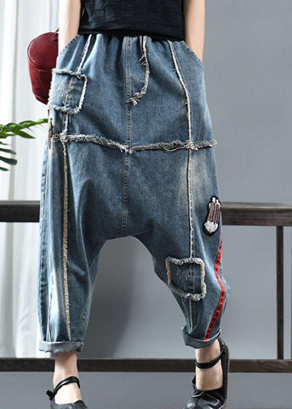 Fitted Denim blue Patchwork Print fashion Fall Pants