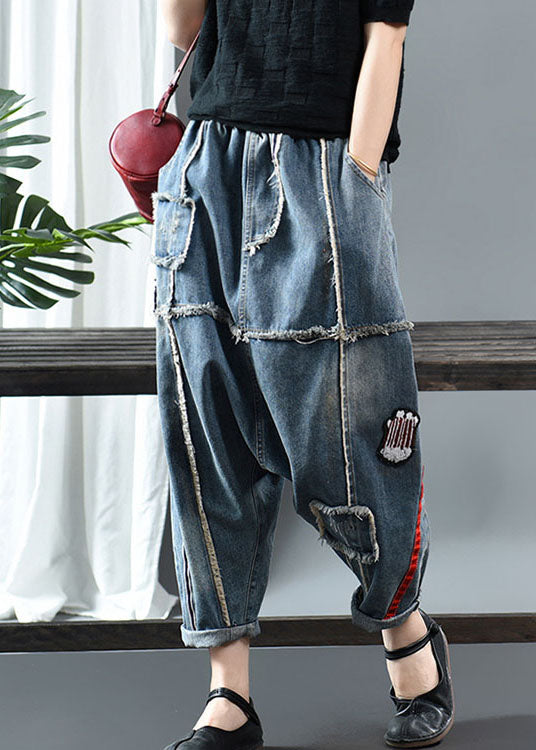 Fitted Denim blue Patchwork Print fashion Fall Pants