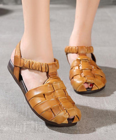 Fitted Flat Sandals Brown Cowhide Leather - SooLinen