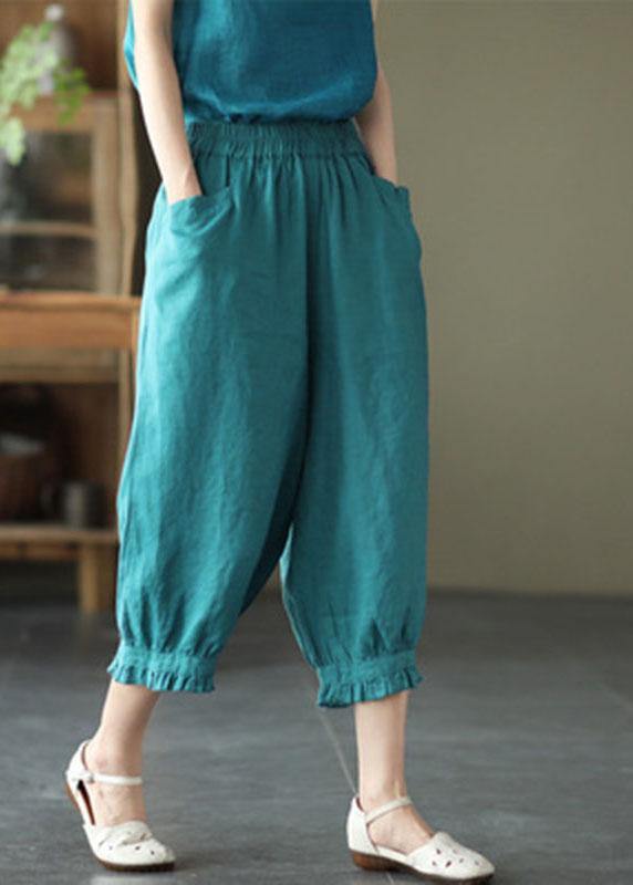 Fitted Green Elastic Waist Pockets Harem Pants Linen - SooLinen