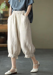 Fitted Green Elastic Waist Pockets Harem Pants Linen - SooLinen