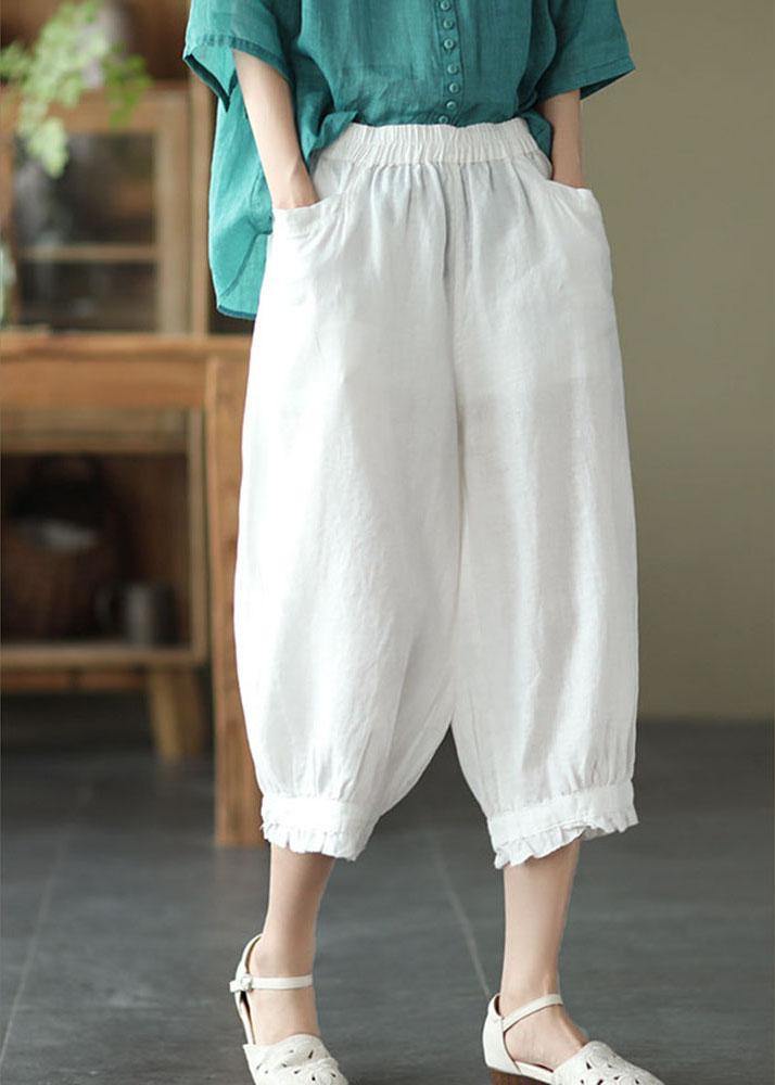 Fitted Green Elastic Waist Pockets Harem Pants Linen - SooLinen