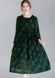 Fitted Green Hollow Out Jacquard Spring Long Sleeve Mid Dress - SooLinen