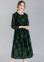 Fitted Green Hollow Out Jacquard Spring Long Sleeve Mid Dress - SooLinen