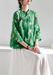 Fitted Green Oriental Print Button Summer Ramie Top - SooLinen