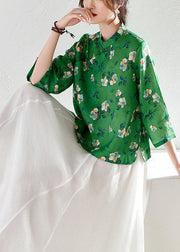 Fitted Green Oriental Print Button Summer Ramie Top - SooLinen