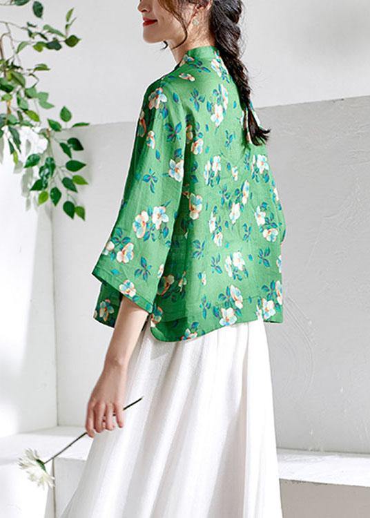 Fitted Green Oriental Print Button Summer Ramie Top - SooLinen