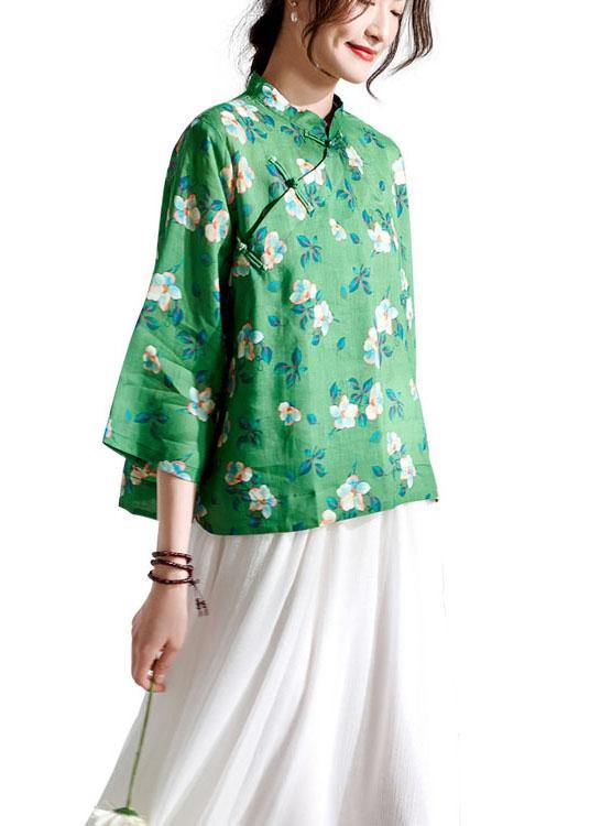 Fitted Green Oriental Print Button Summer Ramie Top - SooLinen