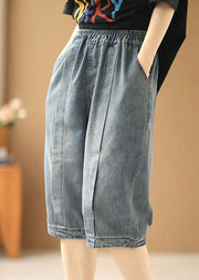 Fitted Light Blue Elastic Waist Pockets Patchwork Cotton Denim Shorts Summer