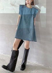 Fitted Light Blue Patchwork Denim Shift Dress Summer - SooLinen