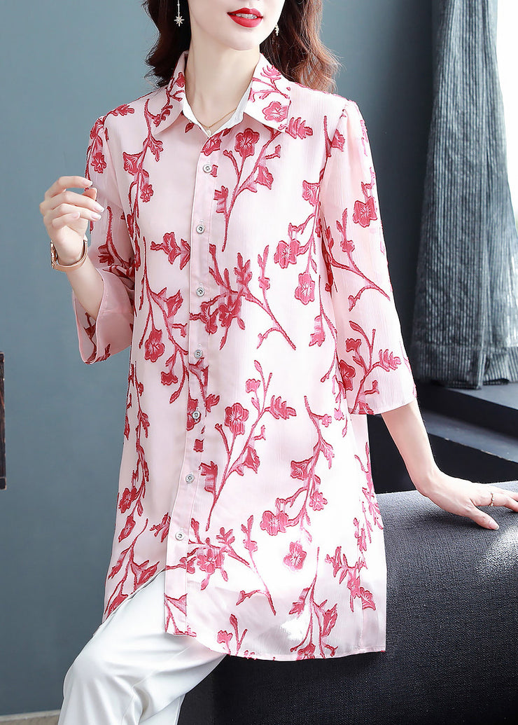 Fitted Pink Button Peter Pan Collar Print Long Chiffon Blouse Top Half Sleeve