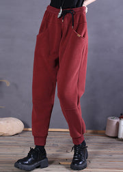 Ausgestattete rote Cinched Pockets Patchwork warme Fleecehose Winter