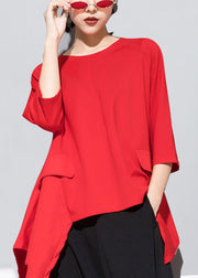 Fitted Red O-Neck Patchwork asymmetrical design Fall Half Sleeve Top