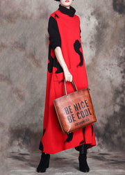 Eng anliegendes rotes asymmetrisches Patchwork-Design Strick-Herbst-Langarm-Feiertagskleid