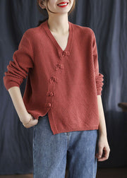 Ausgestattete rote V-Ausschnitt-Knopf-Patchwork-Herbst-Strickpullover