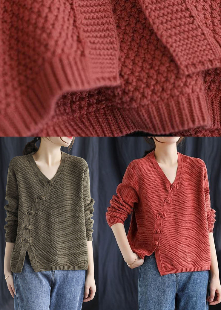 Ausgestattete rote V-Ausschnitt-Knopf-Patchwork-Herbst-Strickpullover