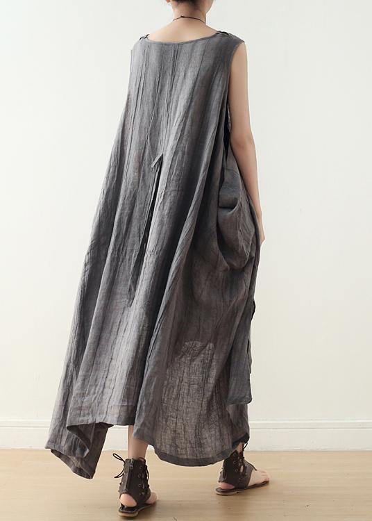 Fitted Sleeveless Linen Grey Side Open Summer Dress - SooLinen