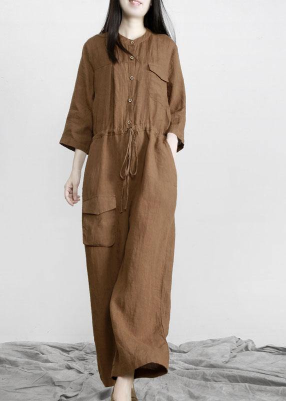 Fitted Tea Green Button Drawstring Fall Women Linen Jumpsuit Pants - SooLinen