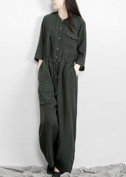 Fitted Tea Green Button Drawstring Fall Women Linen Jumpsuit Pants - SooLinen