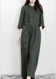 Fitted Tea Green Button Drawstring Fall Women Linen Jumpsuit Pants - SooLinen