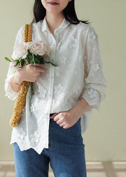 Fitted White Peter Pan Collar Floral Cotton Top Spring