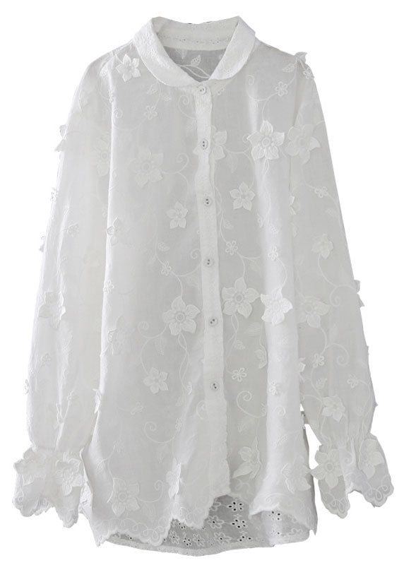 Fitted White Peter Pan Collar Floral Cotton Top Spring