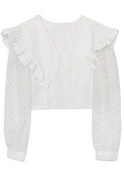 Fitted White Ruffled Patchwork Cotton Blouse Top Spring