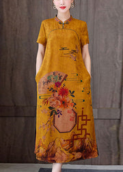 Fitted Yellow Mandarin Collar Print Pockets Silk Long Dresses Short Sleeve