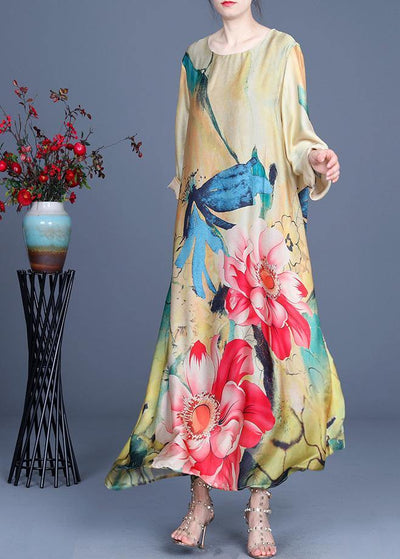 Fitted Yellow Print Long sleeve Chiffon Maxi Dresses Summer - SooLinen