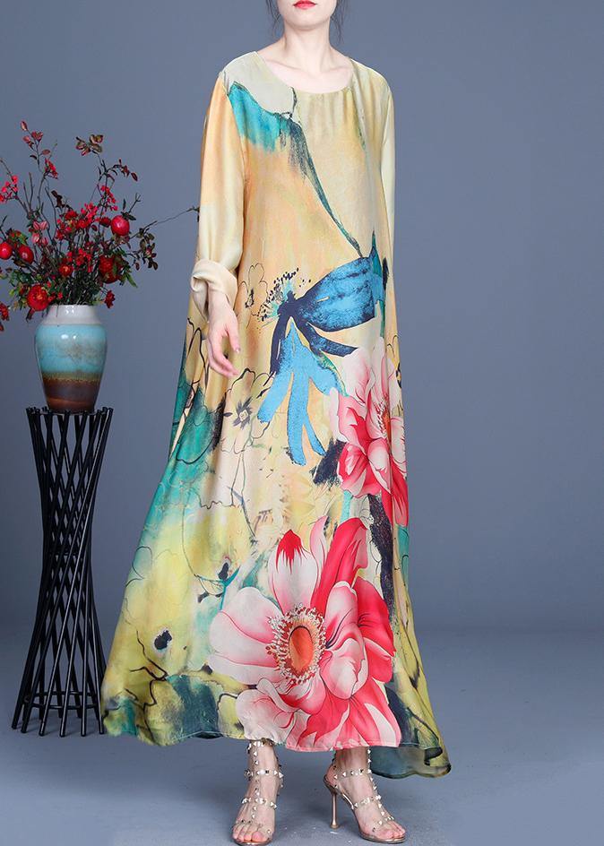 Fitted Yellow Print Long sleeve Chiffon Maxi Dresses Summer - SooLinen