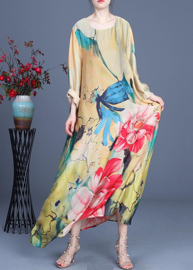 Fitted Yellow Print Long sleeve Chiffon Maxi Dresses Summer - SooLinen