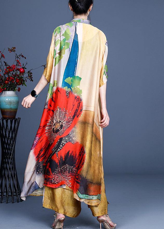 Fitted Yellow Print long Silk Summer Women Sets two Pieces - SooLinen