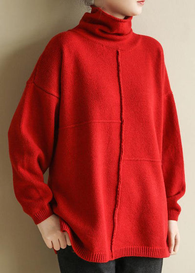 For Spring Turtleneck red knitwear fashion patchwork knitted pullover - SooLinen