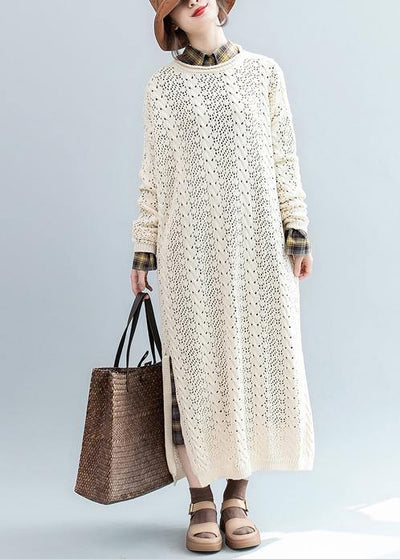 For Spring beige Sweater weather Street Style o neck hollow out Mujer knit dresses - SooLinen