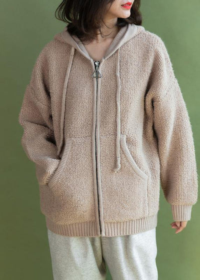 For Spring beige knit coats casual winter hooded knitted coat - SooLinen