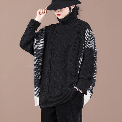 For Spring black plaid khitted clothes high neck plus size knit tops - SooLinen