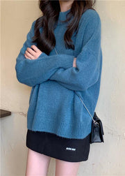 For Spring blue sweater tops high neck plus size knit sweat tops - SooLinen