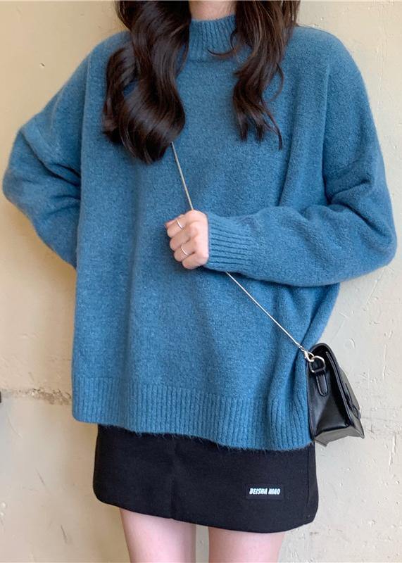 For Spring blue sweater tops high neck plus size knit sweat tops - SooLinen