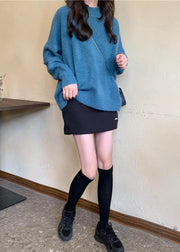 For Spring blue sweater tops high neck plus size knit sweat tops - SooLinen