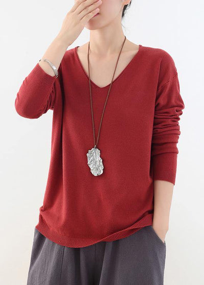 For Spring fall red knitted blouse fashion v neck knitted top - SooLinen