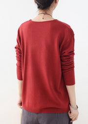 For Spring fall red knitted blouse fashion v neck knitted top - SooLinen