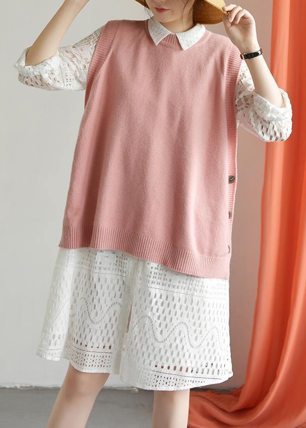 For Spring pink clothes plus size o neck knit tops low high design - SooLinen