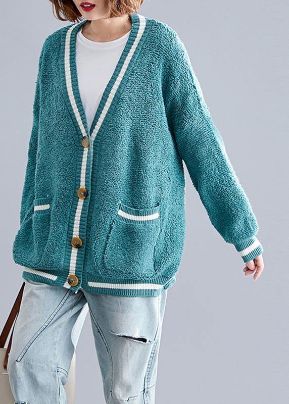 For Spring warm sweaters casual green v neck fall knitted cardigans - SooLinen