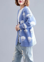 For fall v neck blue dotted knitwear plus size wild clothes - SooLinen