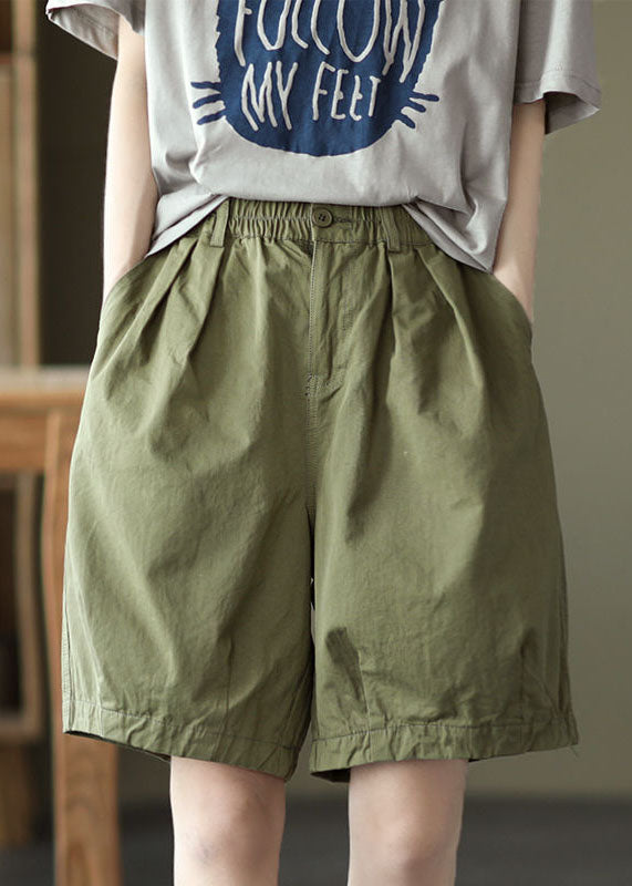 French Army Green Elastic Waist Pockets Cotton Overalls Shorts Summer