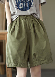 French Army Green Elastic Waist Pockets Cotton Overalls Shorts Summer