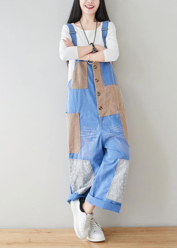 French Baby Blue Patchwork Jeans Jumpsuit Women - SooLinen