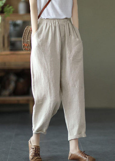 French Beige Elastic Waist Harem Summer Pants Linen - SooLinen